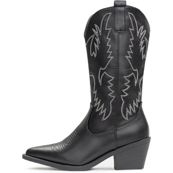 Women's Black Embroidery Western Cowgirl Boots Pull On Pointy Toe Mid Calf - Picture 5 of 6